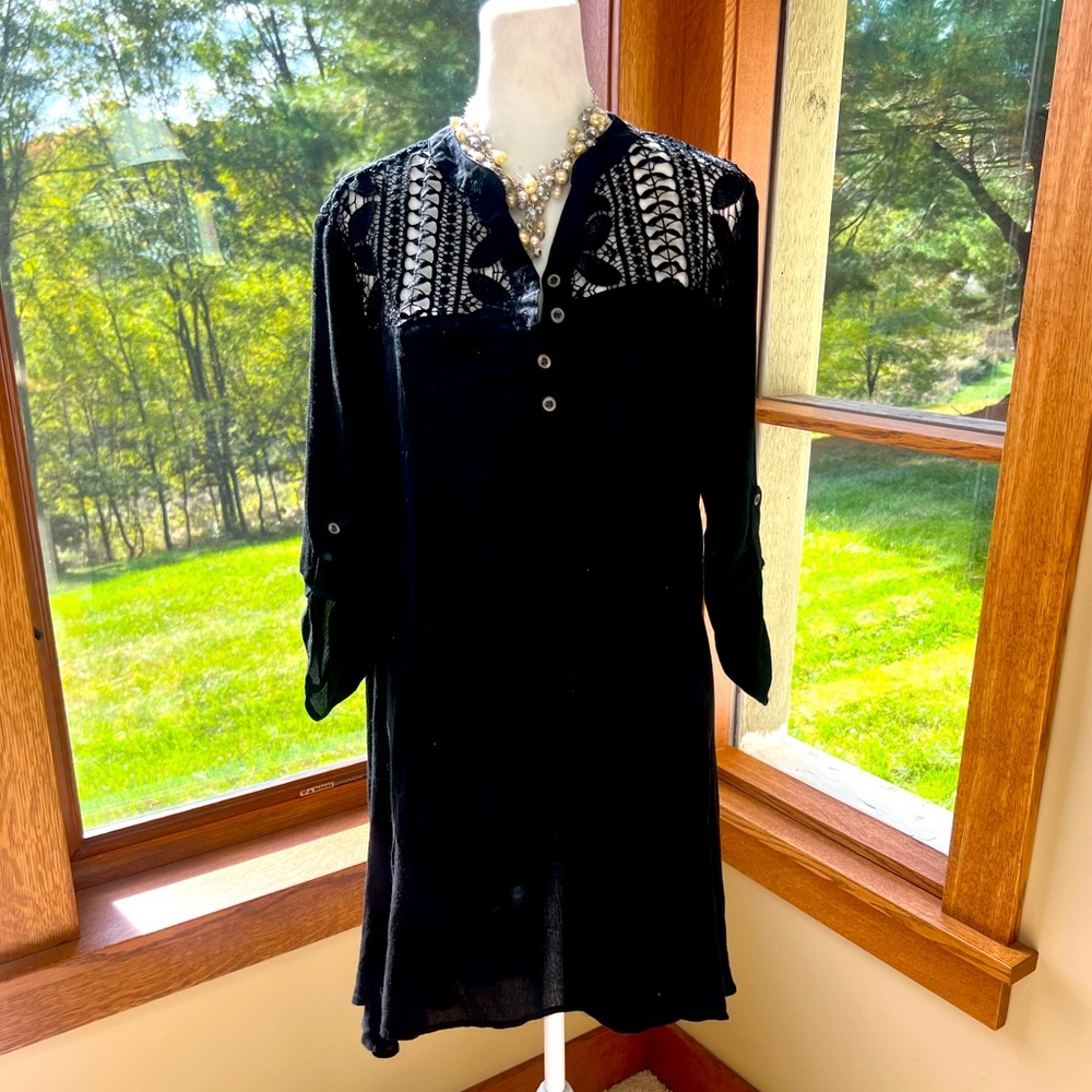 NWT Orange Brand Black Dress Tunic Lace Top Button Sleeves Light Airy Medium